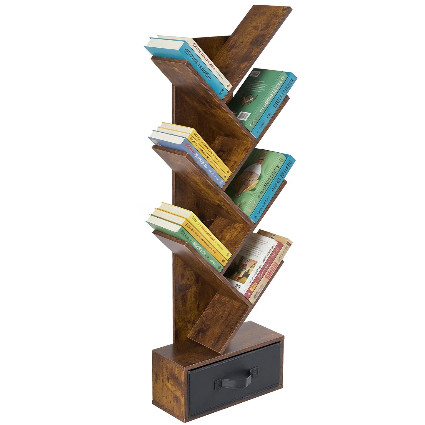 JHK 7-Tier Geometric Wooden Corner Bookshelf With Drawer
