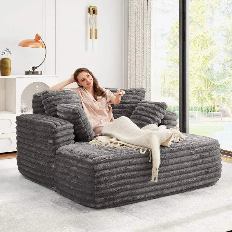 JEEOHEY Plush Faux Fur Chaise Lounge Chair Sleeper Sofa Bed With Pillows