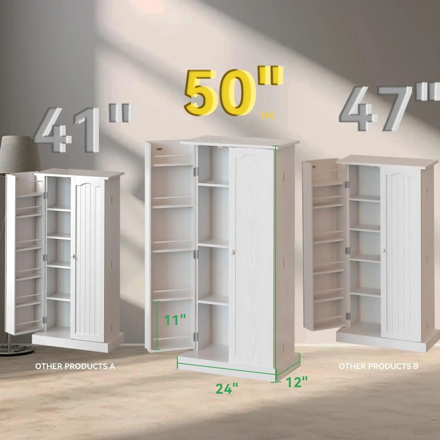 Led Kitchen Pantry Cabinet With Doors And Adjustable Shelves Freestanding