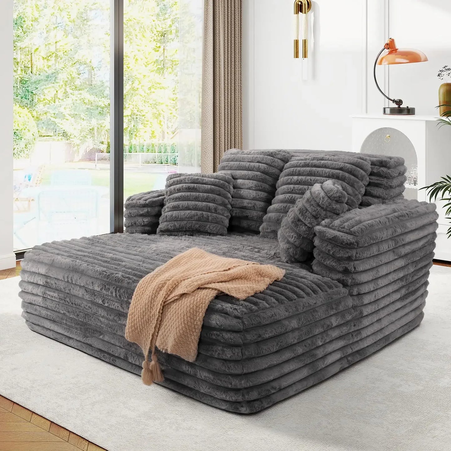 JEEOHEY Plush Faux Fur Chaise Lounge Chair Sleeper Sofa Bed With Pillows