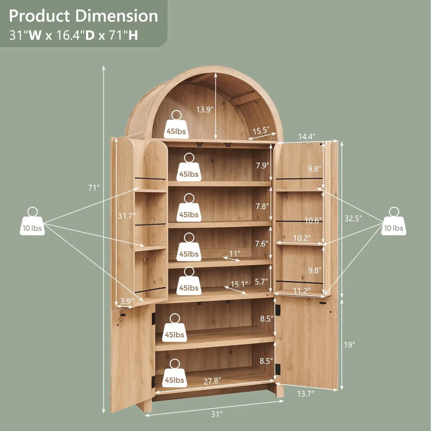 Arched Kitchen Pantry Cabinet With Doors And Adjustable Shelves