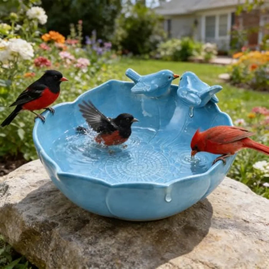 Ceramic Outdoor Bird Bath Hummingbird Ground Bowl Garden Decor