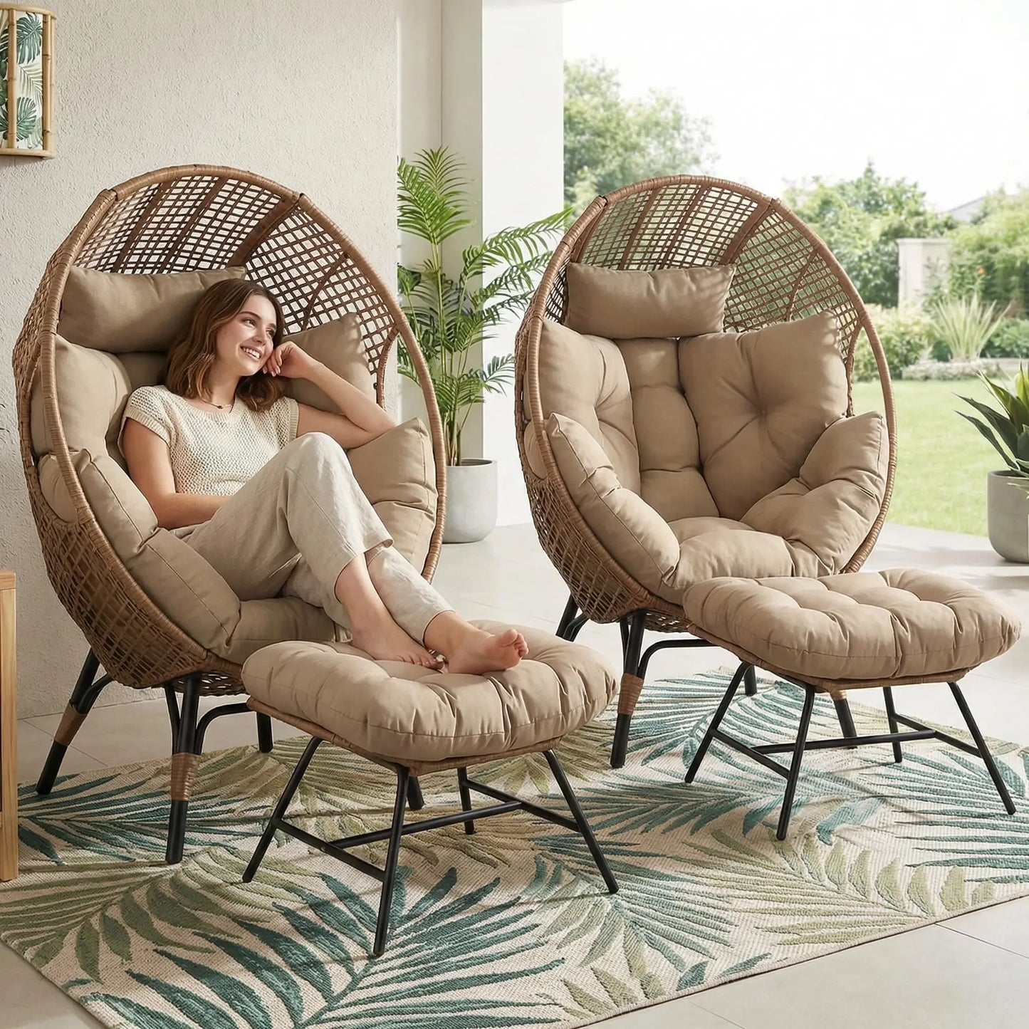 Two Person Egg Chair Indoor Outdoor Wicker Lounge With Ottoman