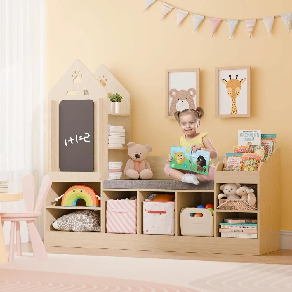 Natural Oak Kids Bookshelf And Reading Nook With Chalkboard Bench