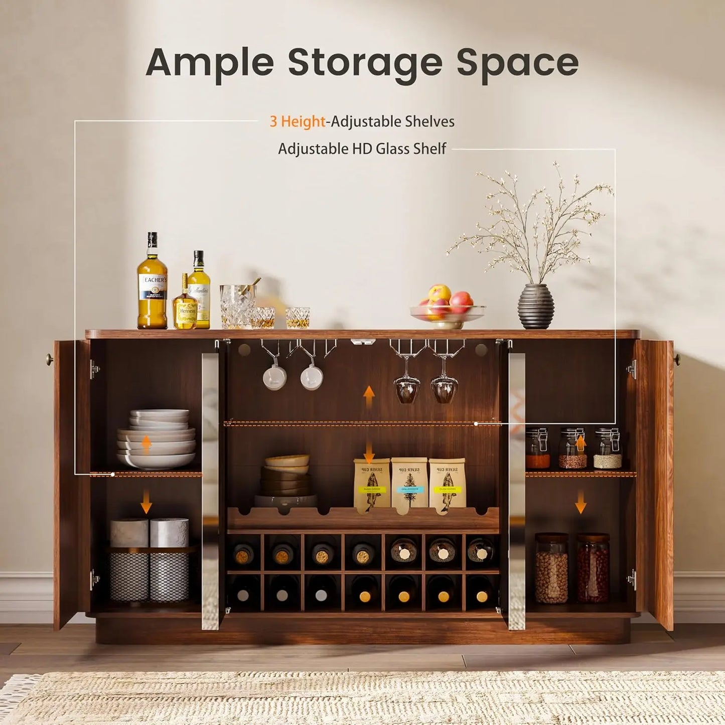 LED Coffee Bar Cabinet With Wine Rack And Glass Holder