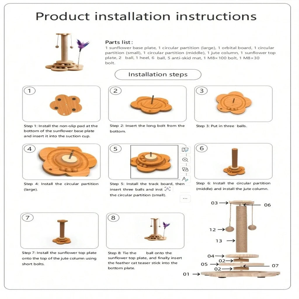 Wooden Cat Scratcher Activity Center With Ball Track and Feather Toy
