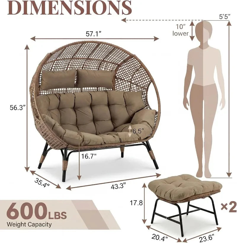 Two Person Egg Chair Indoor Outdoor Wicker Lounge With Ottoman