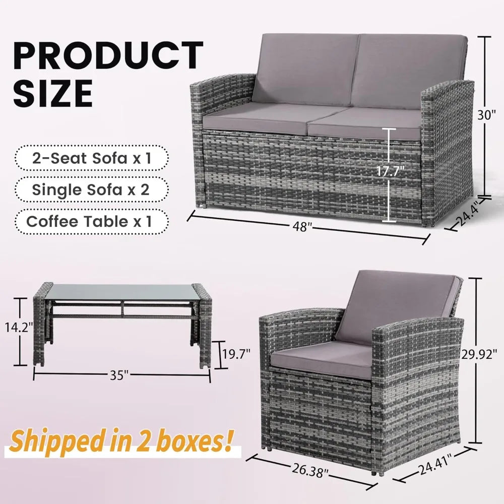 Outdoor Rattan Sofa Set With Cushions And Glass Table