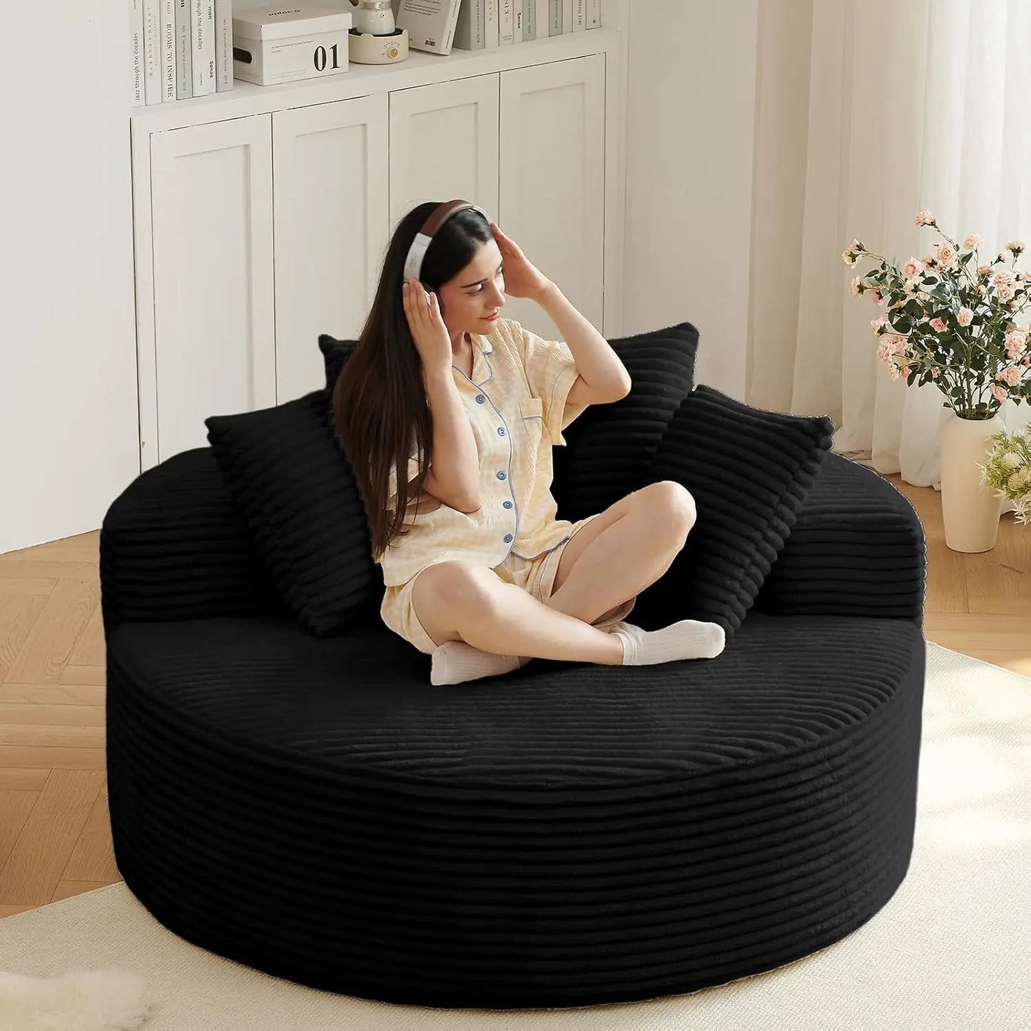 Indoor Plush Corduroy Round Chaise Lounge Chair Modern Style