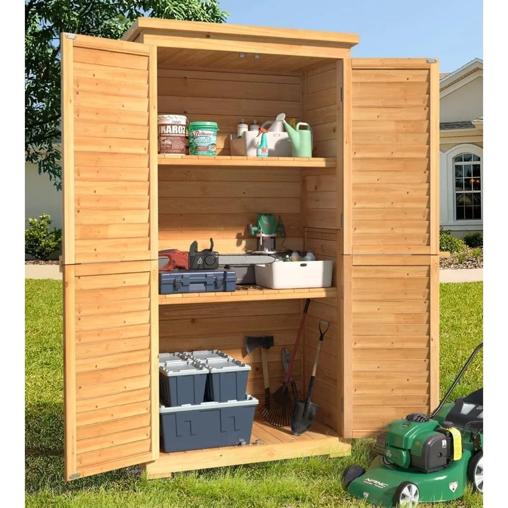 Wooden Outdoor Storage Cabinet With 3 Shelves And Double Locking Waterproof Roof