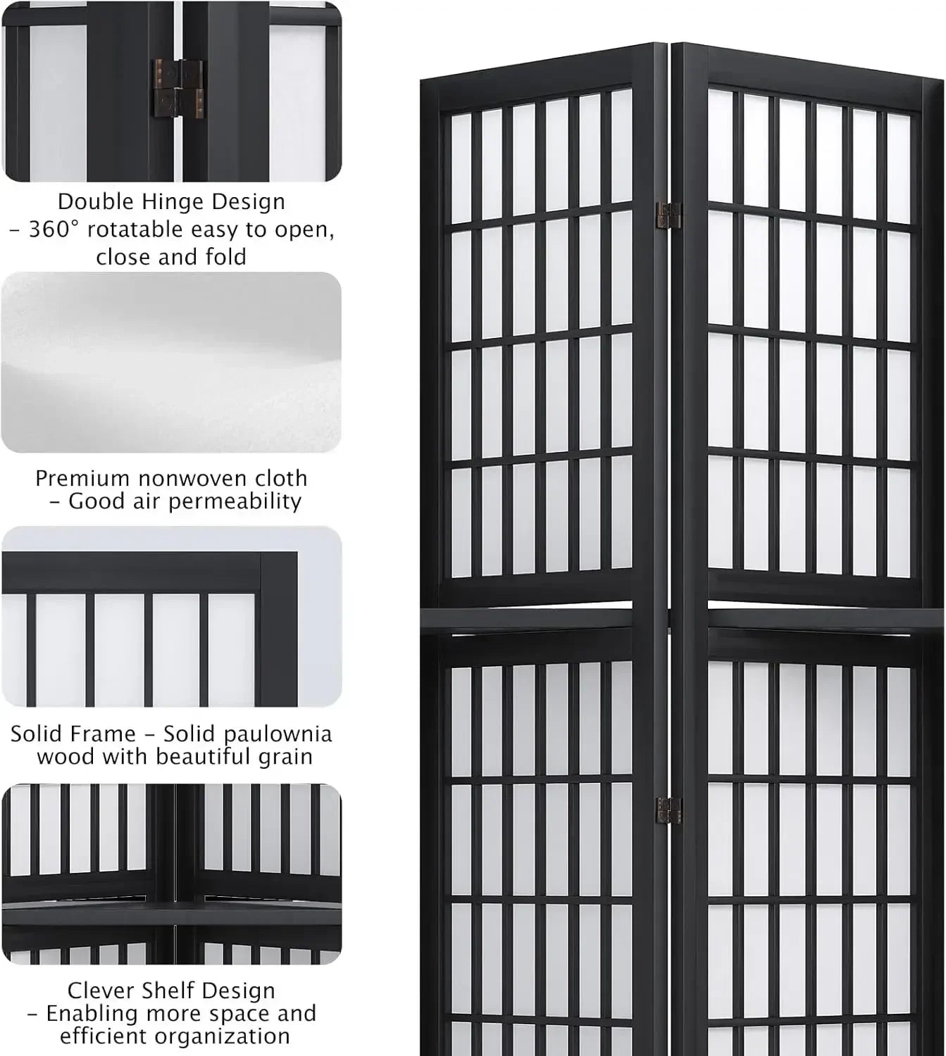 Shoji Style Folding Portable Room Divider Screen With Three Display Shelves