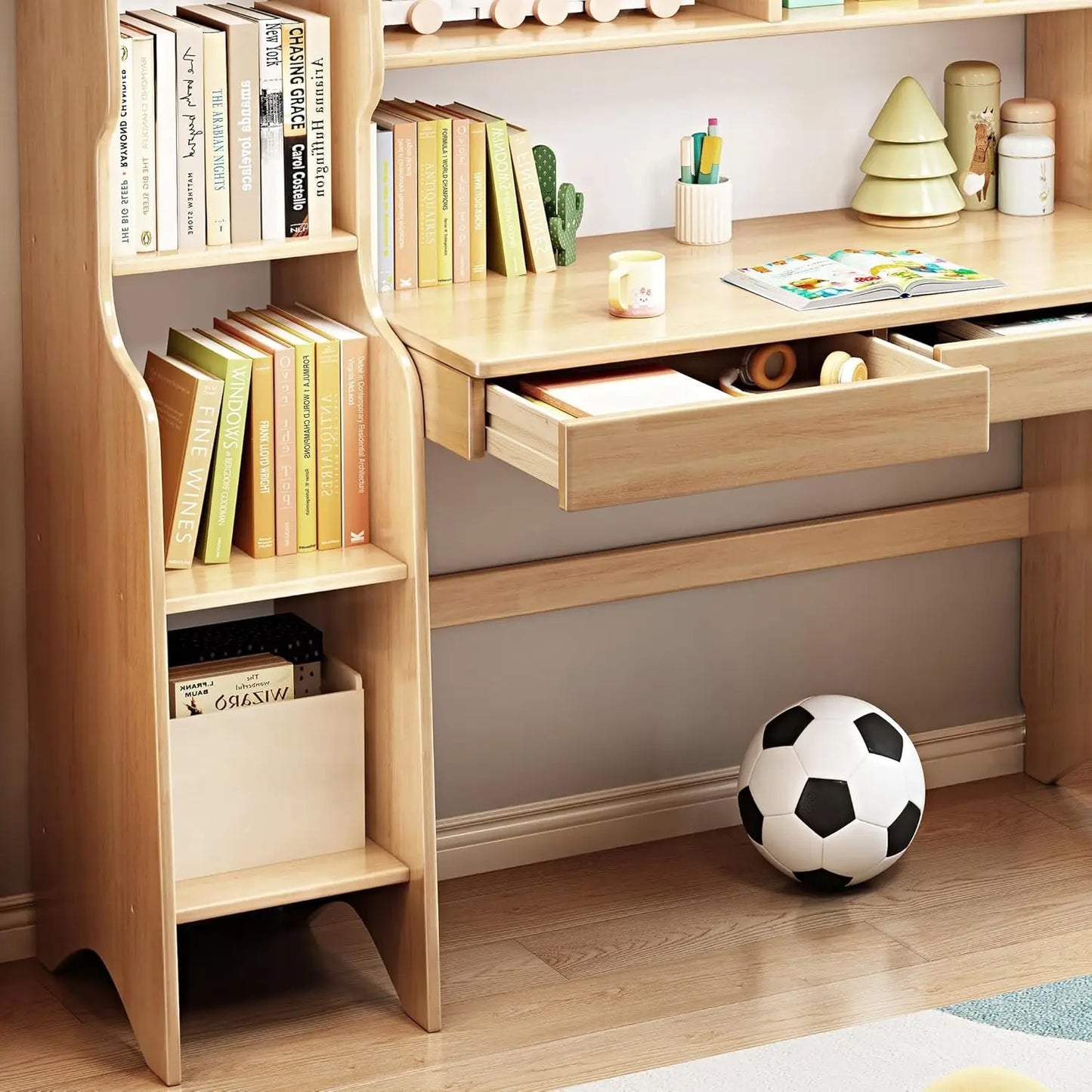 Kids Desk With Drawers And Bookshelf In Rubber Wood