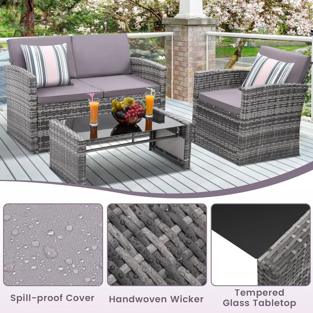 Outdoor Rattan Sofa Set With Cushions And Glass Table