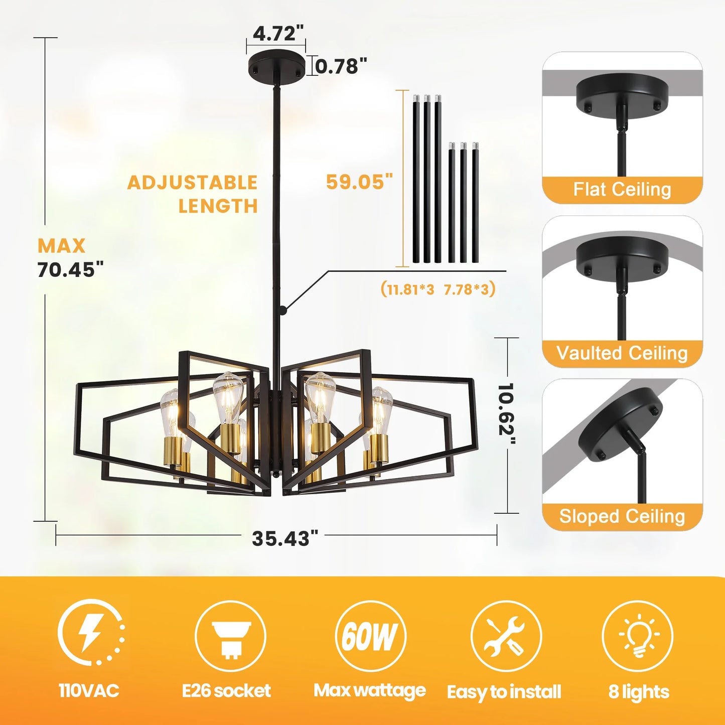 Modern 8 Light Geometric Chandelier Adjustable Height Metal Pendant Light