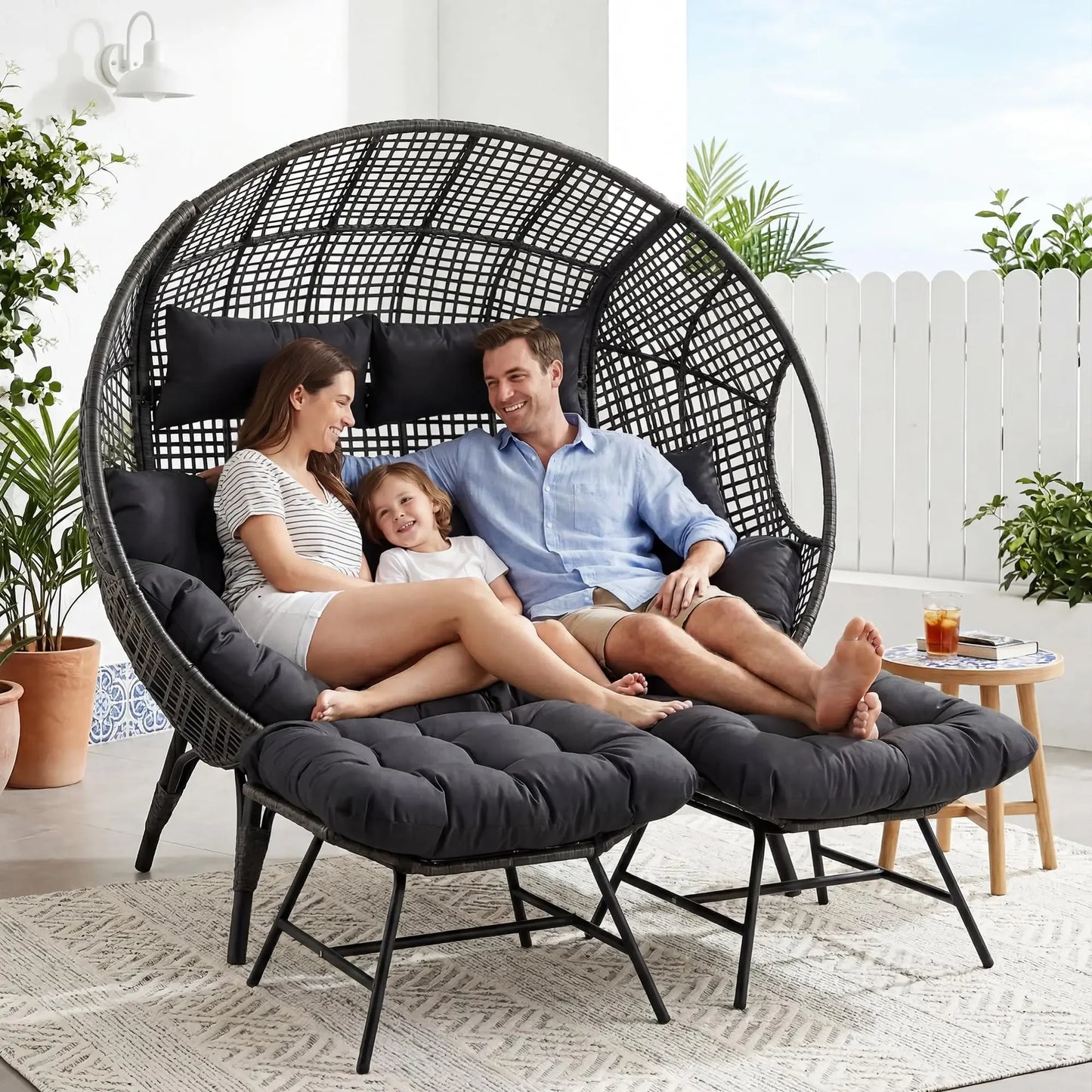 Two Person Egg Chair Indoor Outdoor Wicker Lounge With Ottoman