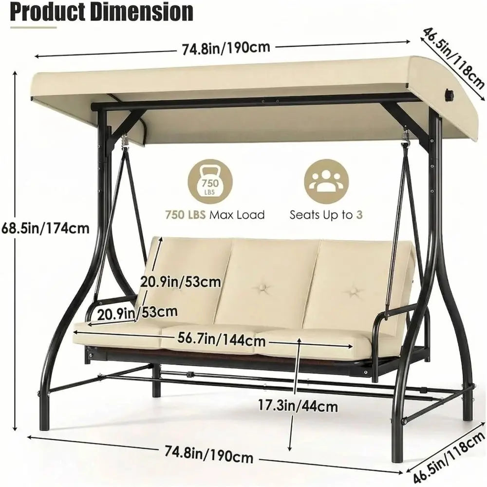 Three Seat Outdoor Patio Swing With Adjustable Backrest And Convertible Glider