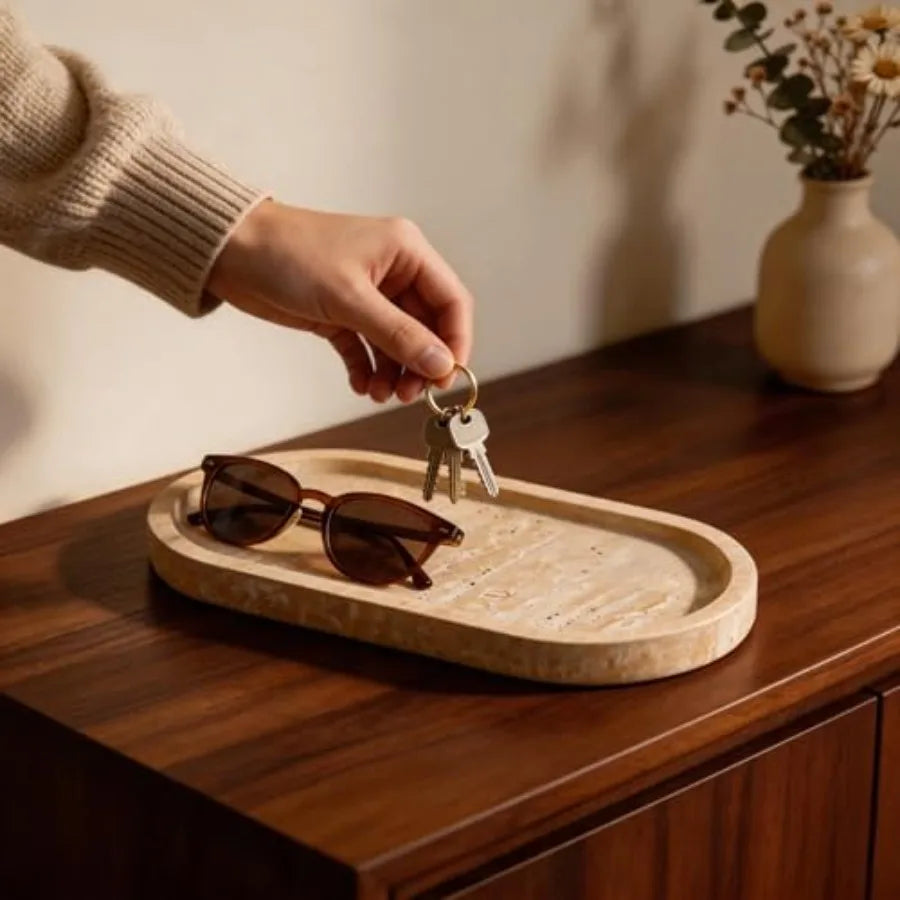 Travertine Vanity Tray For Jewelry And Perfume Storage
