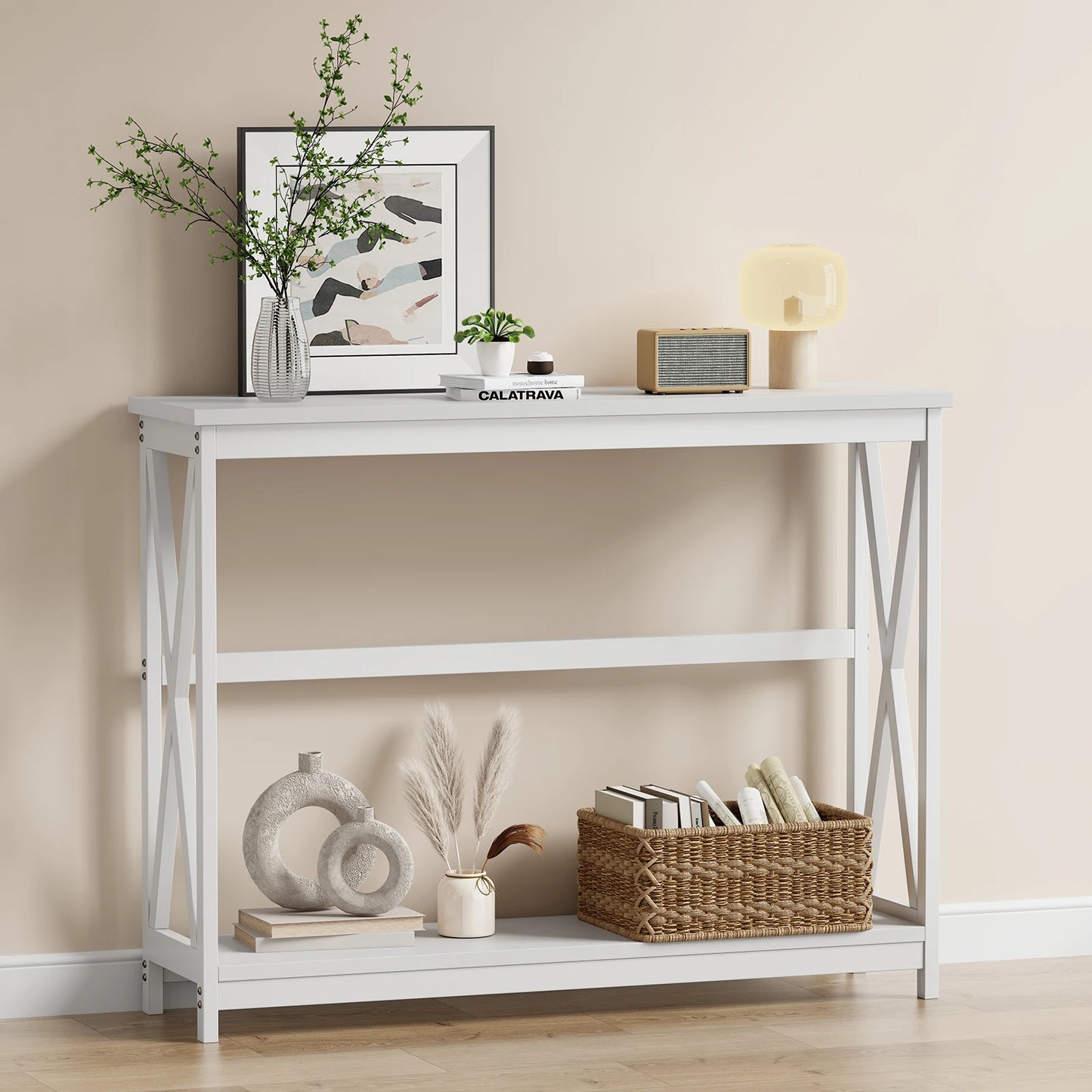 JHK Modern 2 Tier Console Table With Metal X Frame