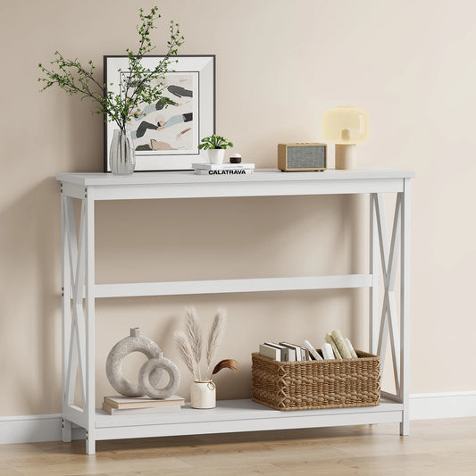 JHK Modern 2 Tier Console Table With Metal X Frame