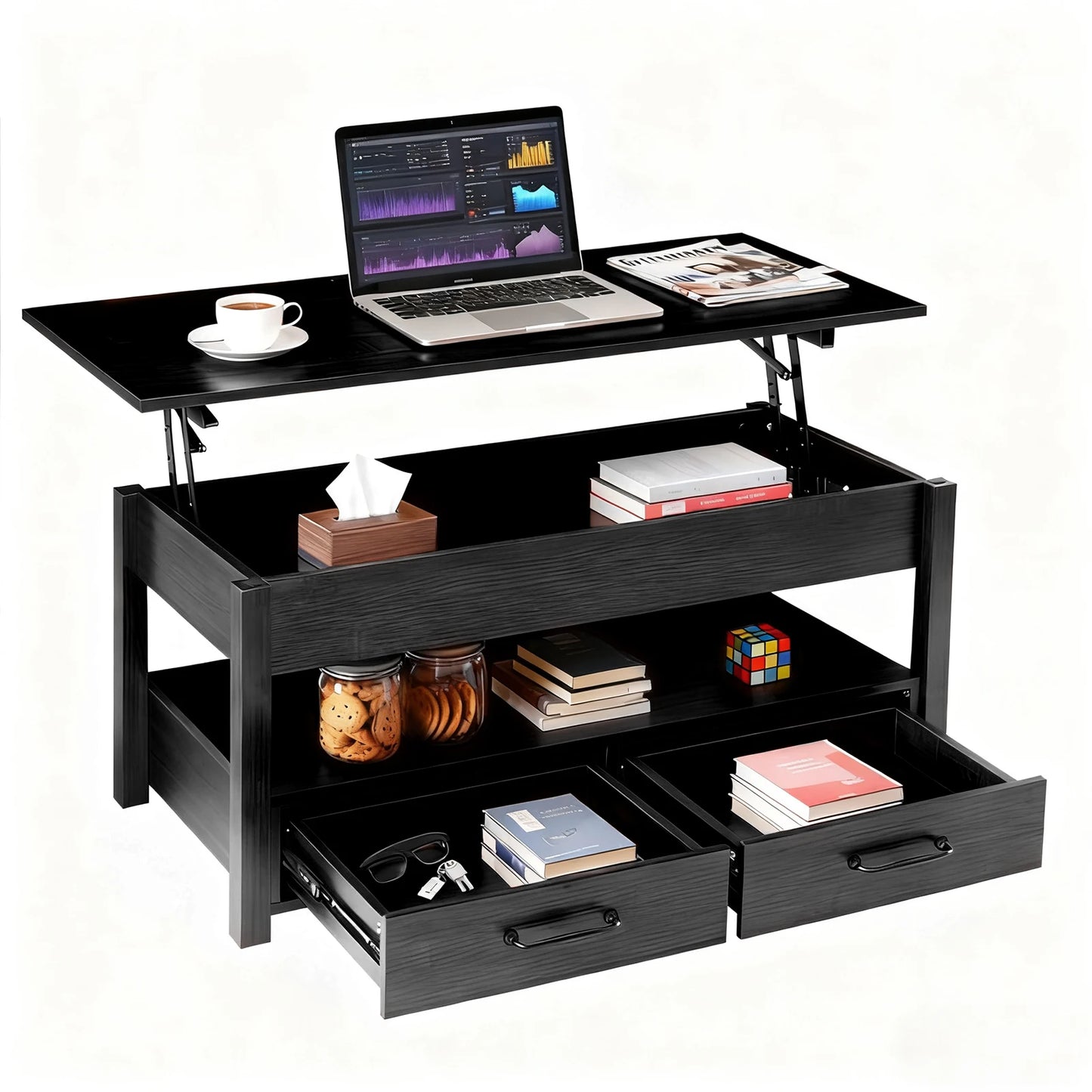 JHK Lift Top Coffee Table With Drawers And Hidden Storage