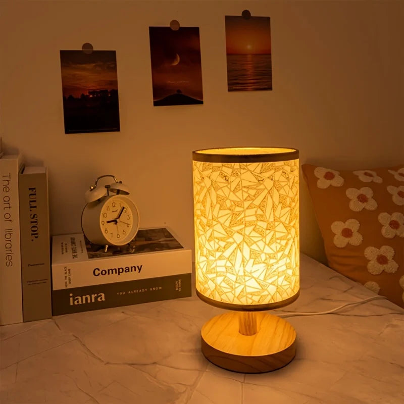 Wood Fabric Table Lamp Usb Powered Warm Light Bedroom Lamp