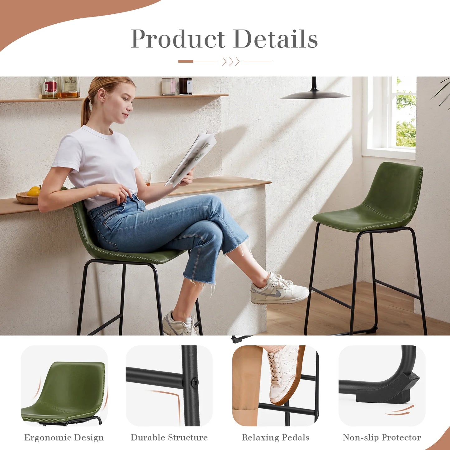 JHK PU Leather Counter Height High Chair Set 2 Pack