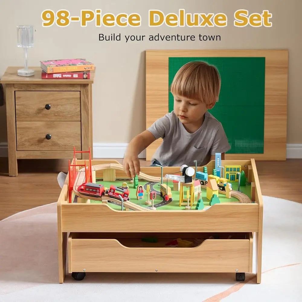 3 In 1 Wooden Train Table With Ample Storage Wheels
