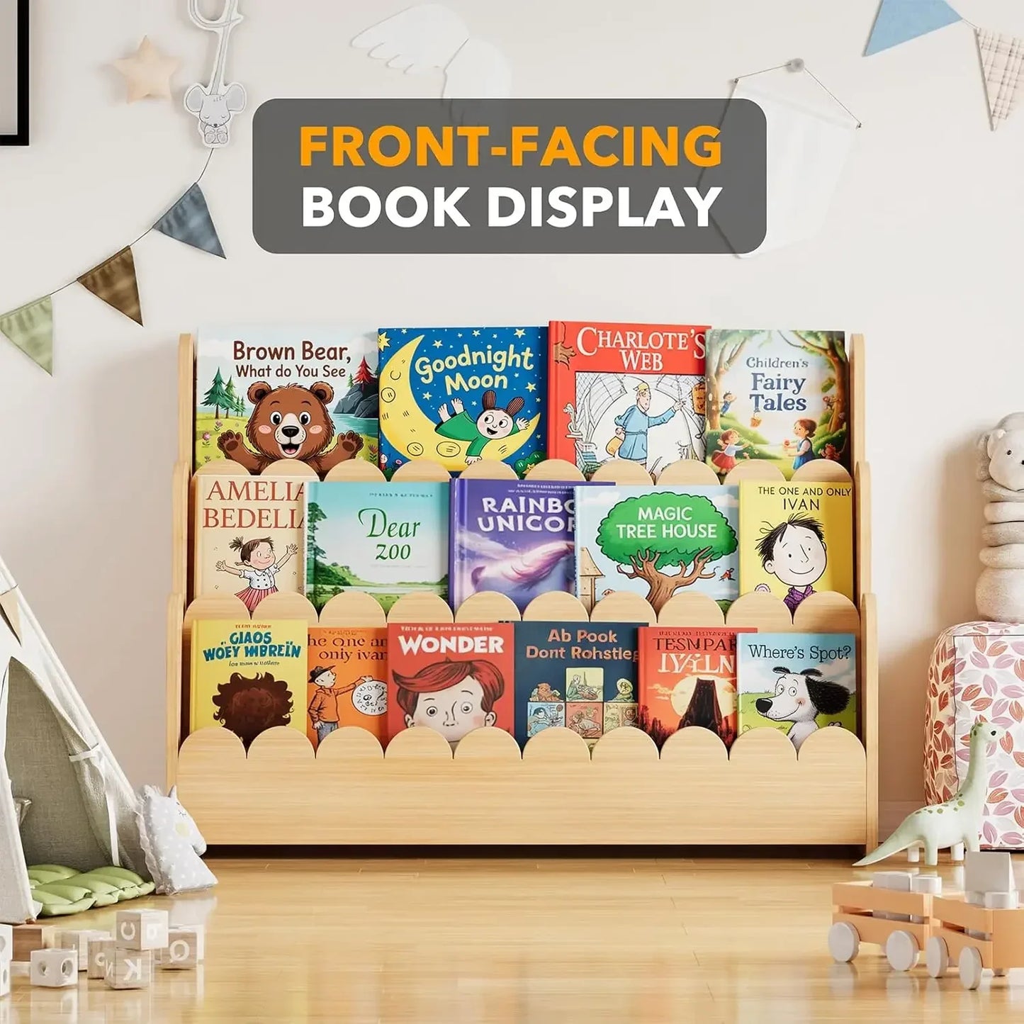 3-Tier Scalloped Bookshelf Montessori Wooden Bookcase for Toddlers Playroom