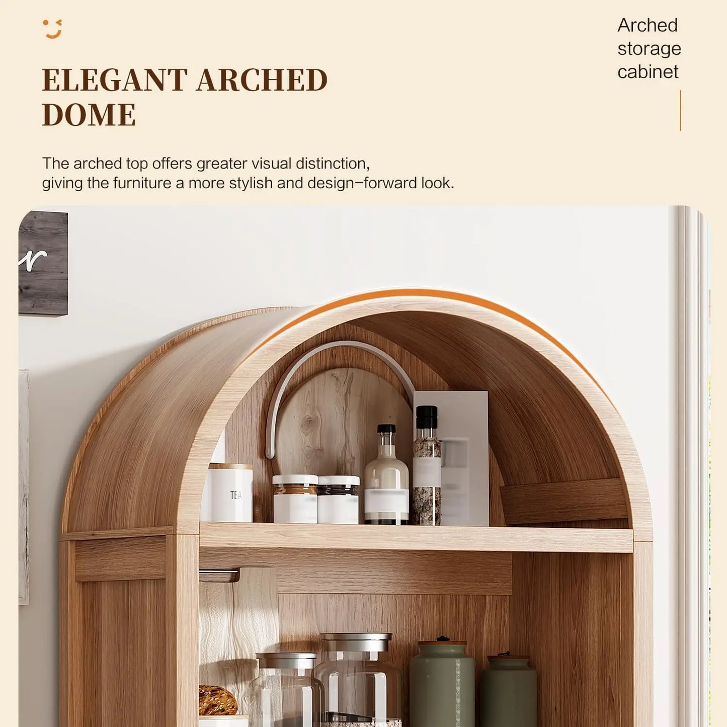 Arched Kitchen Pantry Cabinet With Doors And Adjustable Shelves