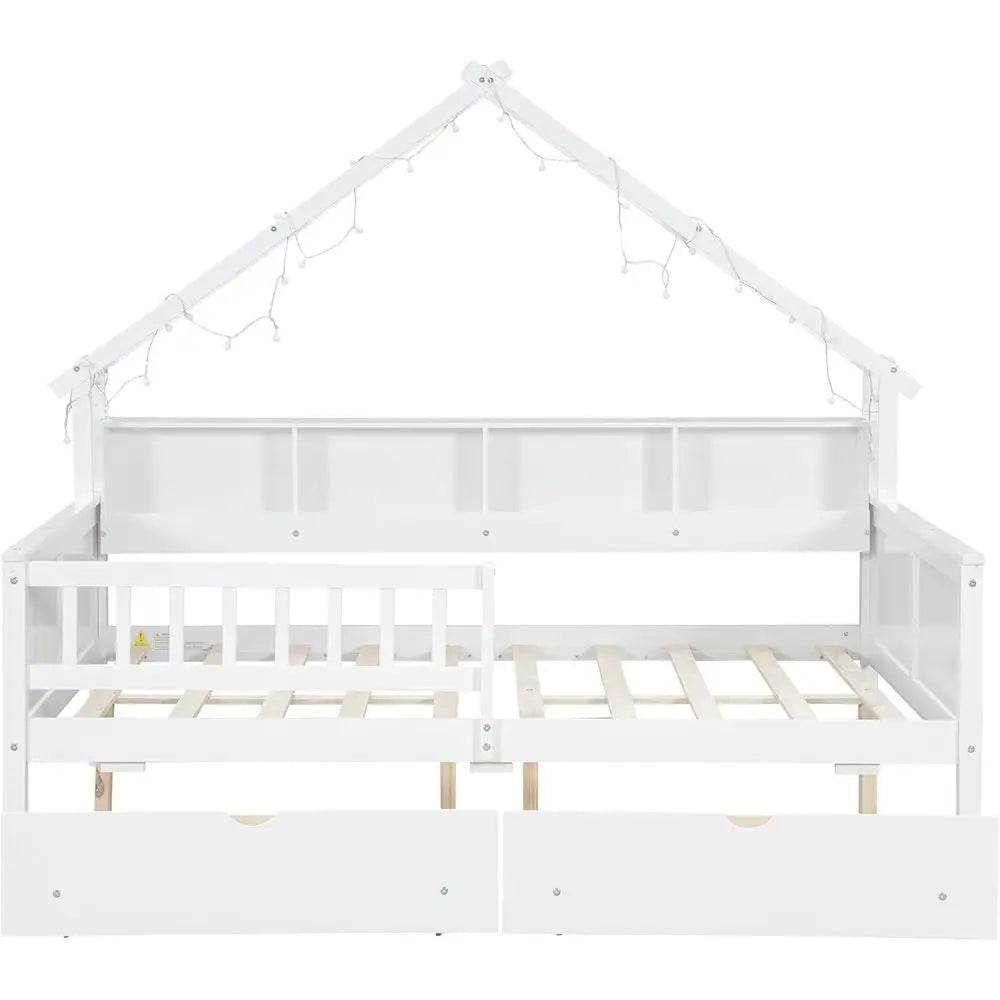 Wooden Bed Frame With Storage Drawers LED Lights And Shelves