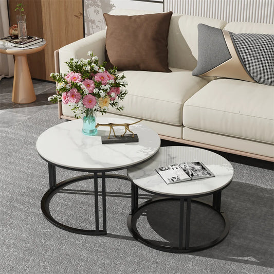 LUVODI Round Nesting Coffee Tables Set of 2 Space Saving Modern Living Room