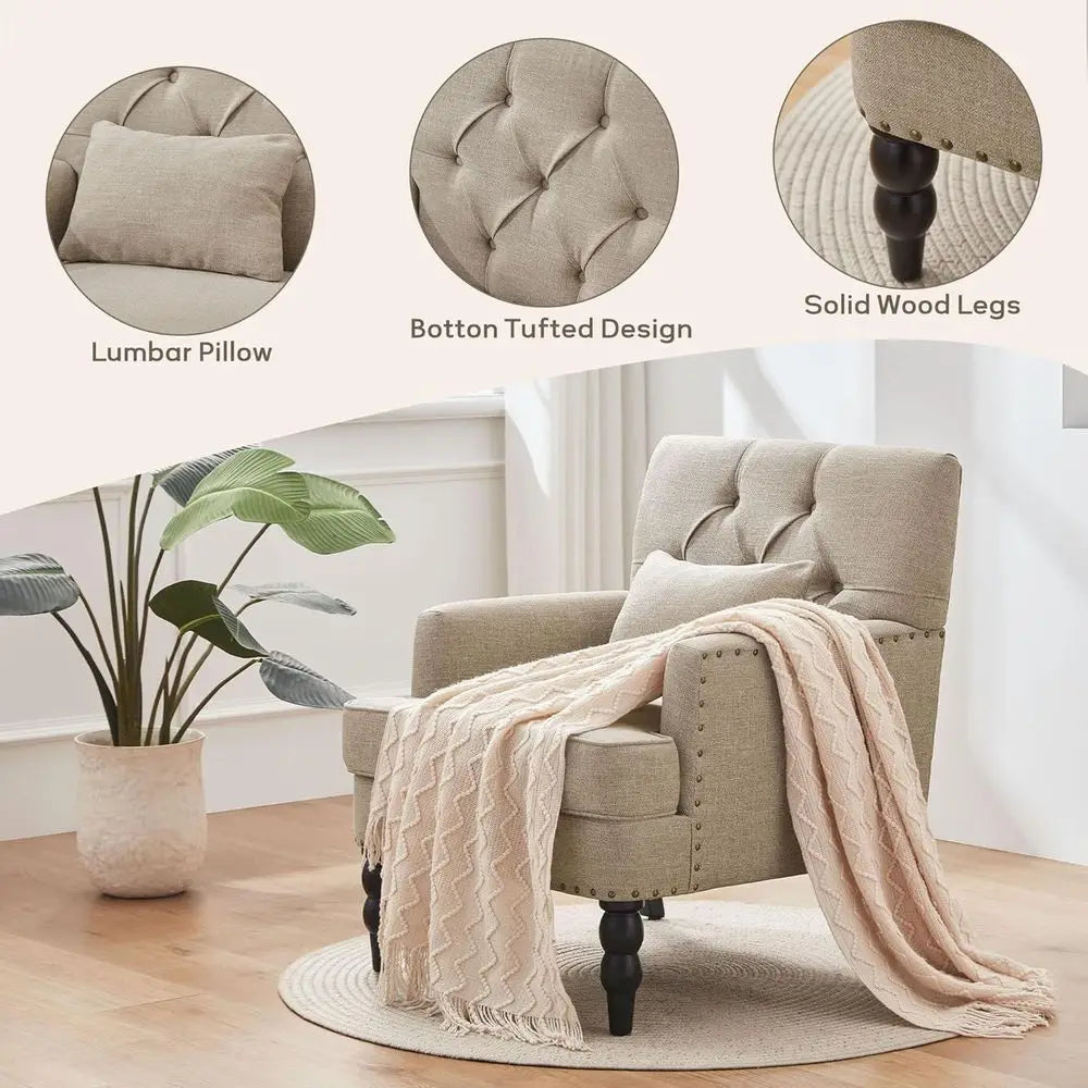 Linen Fabric Upholstered Accent Chair With Lumbar Pillow