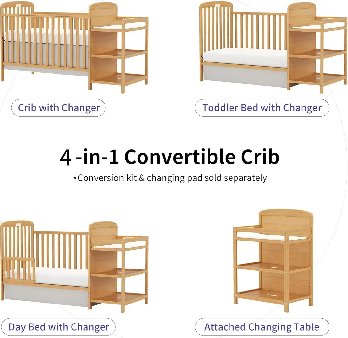 Wooden Baby Crib Convertible Changing Table Combo Nontoxic Finish
