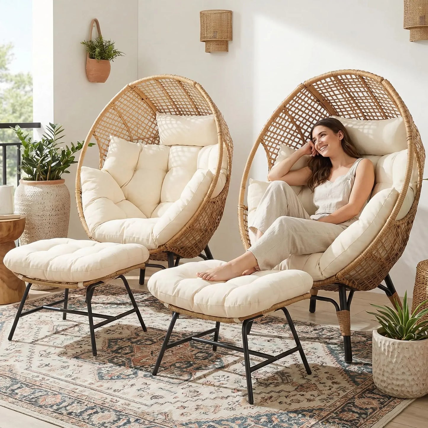 Two Person Egg Chair Indoor Outdoor Wicker Lounge With Ottoman