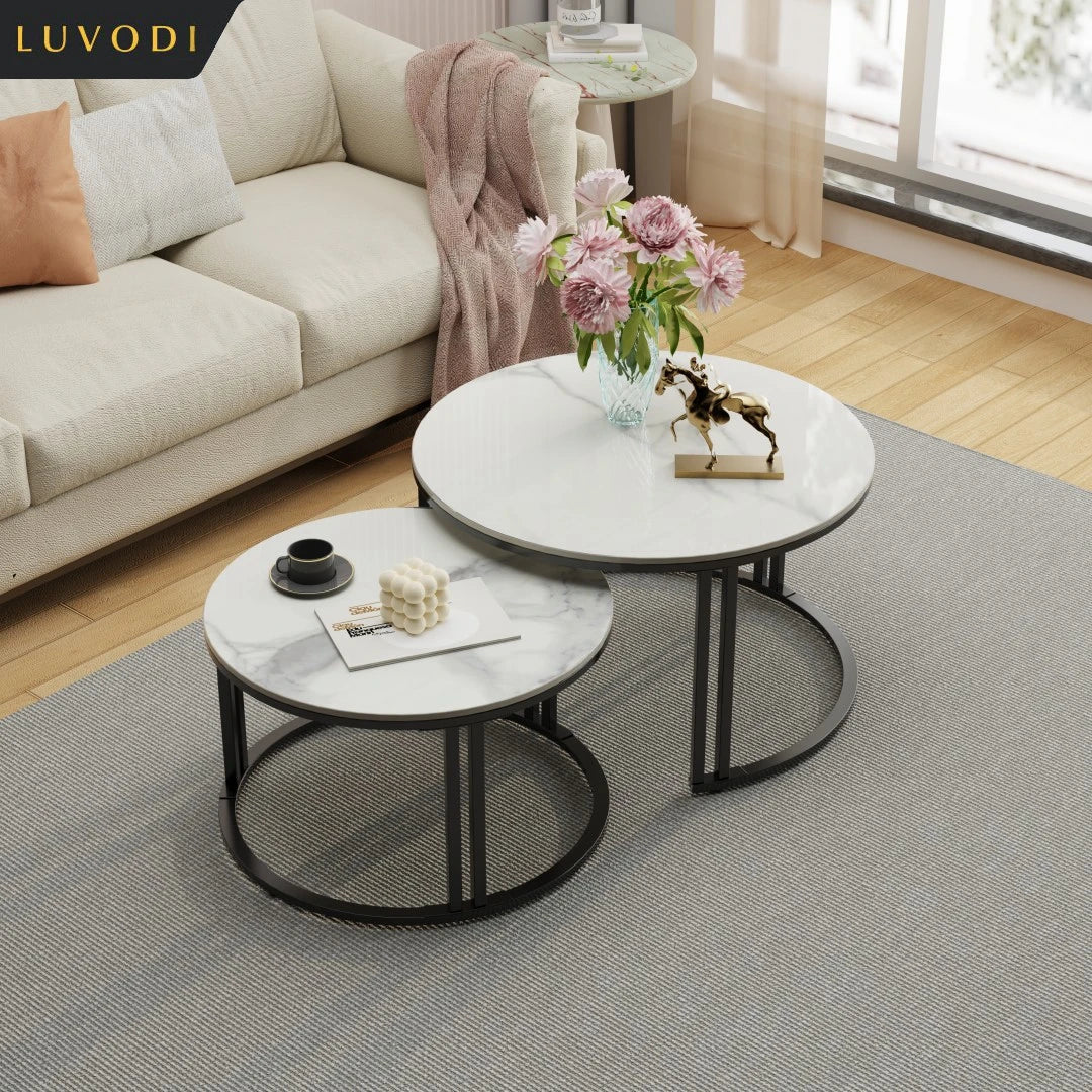 LUVODI Round Nesting Coffee Tables Set of 2 Space Saving Modern Living Room