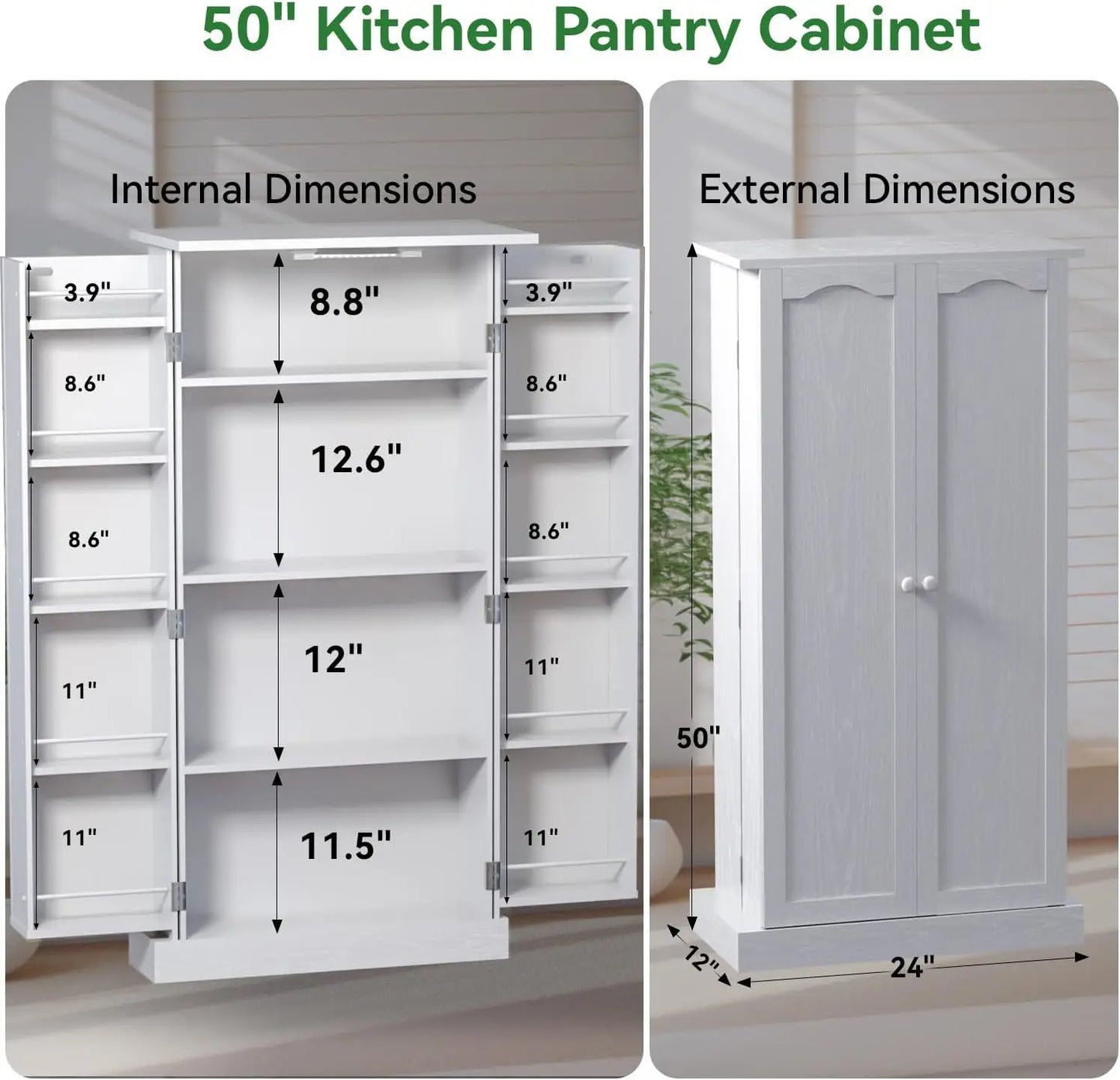 Led Kitchen Pantry Cabinet With Doors And Adjustable Shelves Freestanding