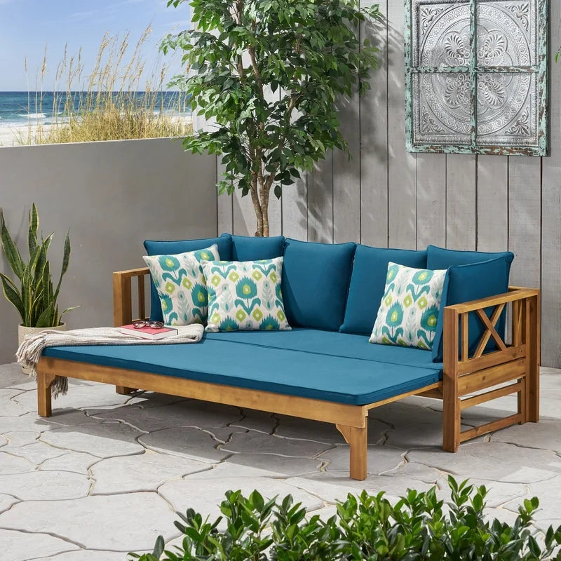 Extendable Acacia Wood Outdoor Patio Sofa With Cushions Daybed Garden Lounge