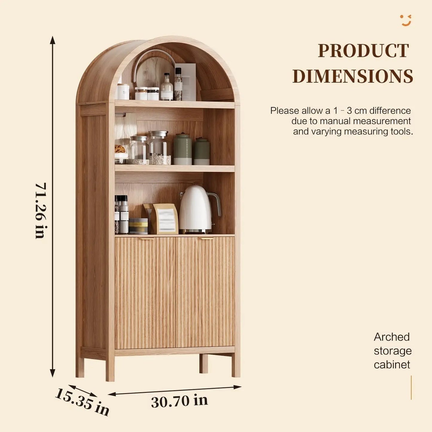 Arched Kitchen Pantry Cabinet With Doors And Adjustable Shelves