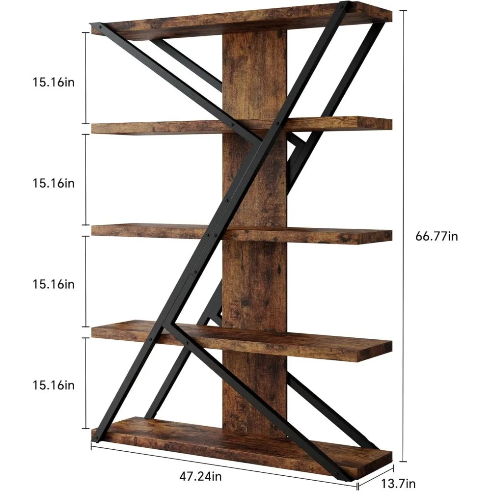 Five Tier Bookshelf With Metal Frame And Wood Shelves