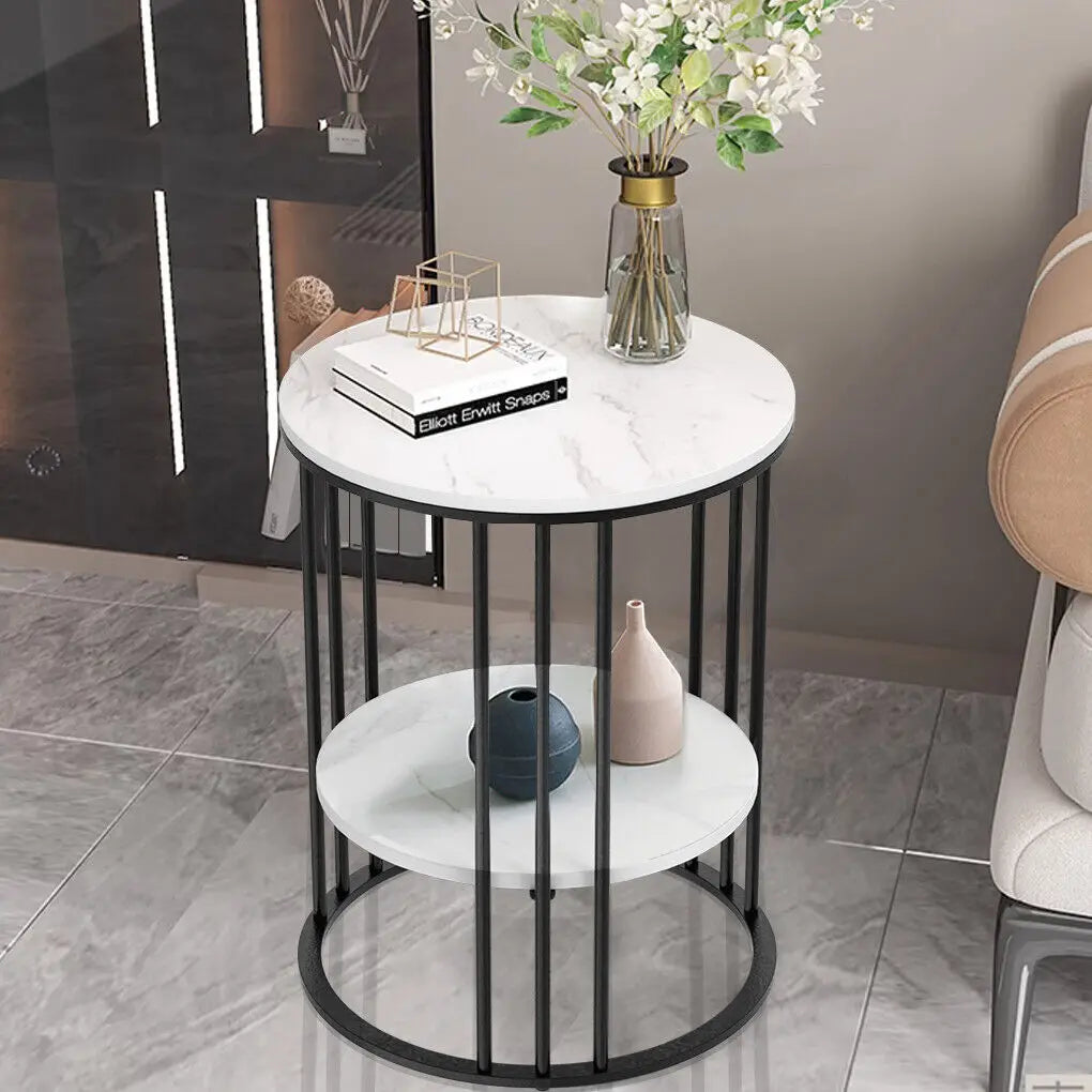 LUVODI Modern Round Sofa Side Table Two-Tier Metal Frame