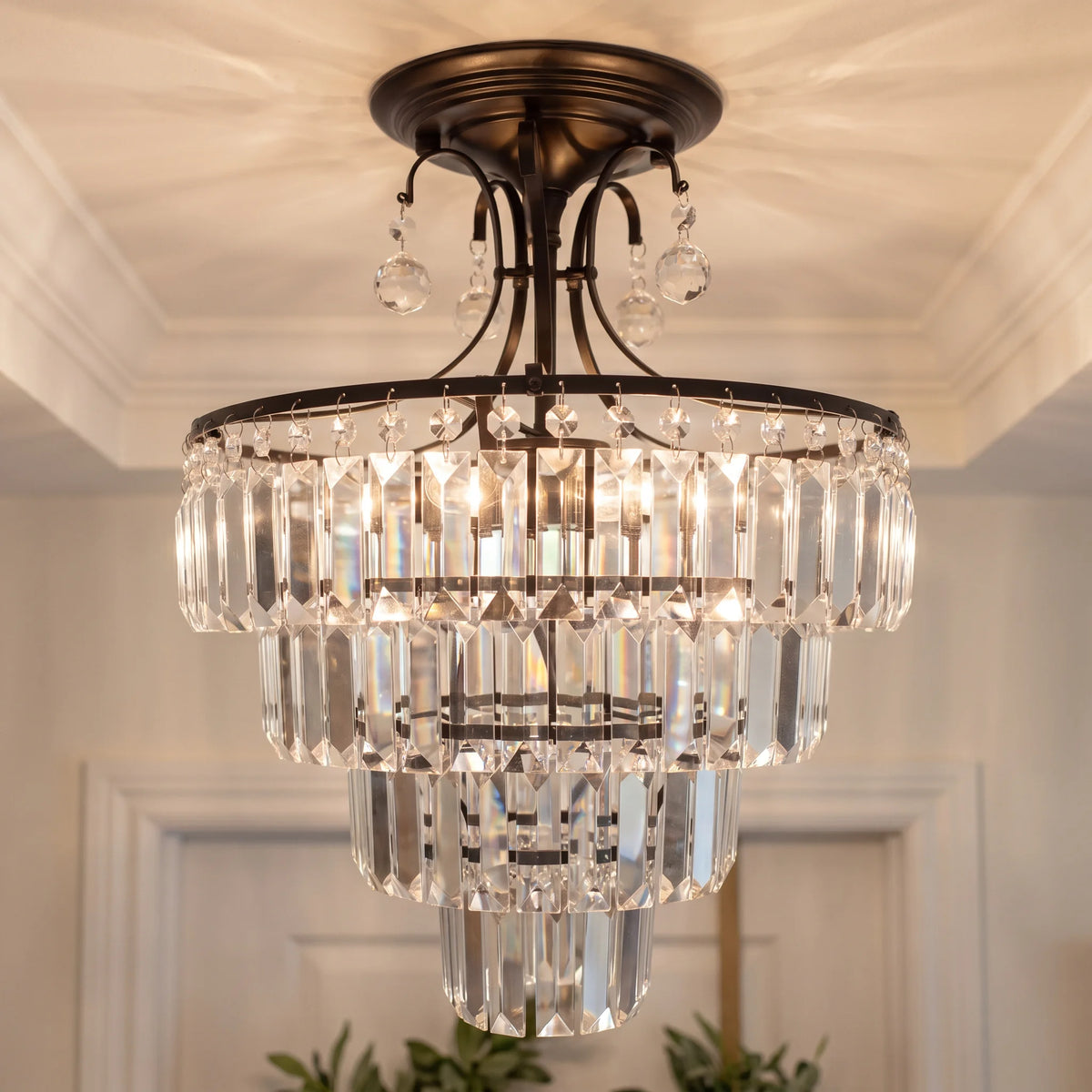 K9 Crystal Modern Semi-Flush Mount 3 Tier Waterfall Chandelier