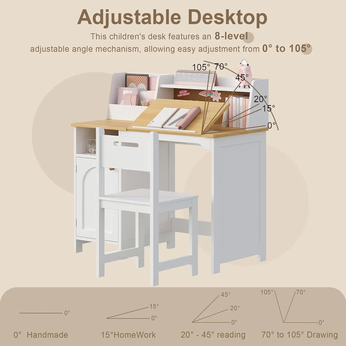 Kids Study Desk And Chair Set With Hutch Tiltable Desktop