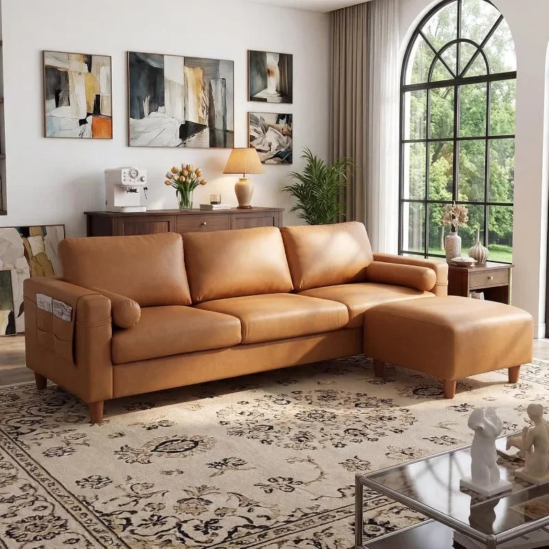 Faux Leather L Shaped Sofa With Movable Ottoman Side Pocket
