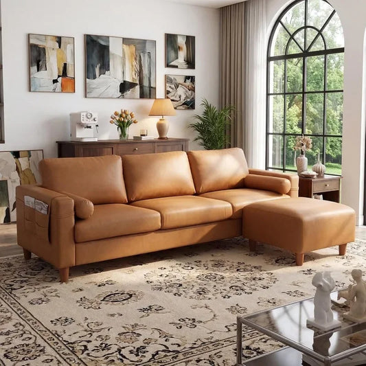 Faux Leather L Shaped Sofa With Movable Ottoman Side Pocket