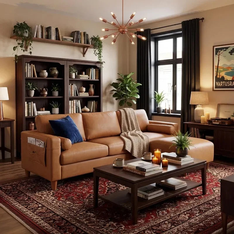 Faux Leather L Shaped Sofa With Movable Ottoman Side Pocket