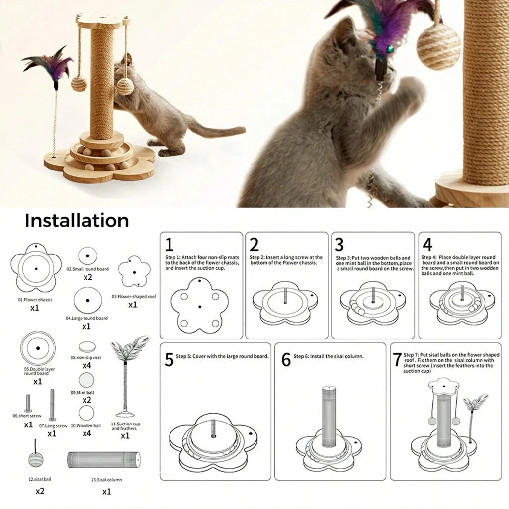 Wooden Cat Scratcher Activity Center With Ball Track and Feather Toy