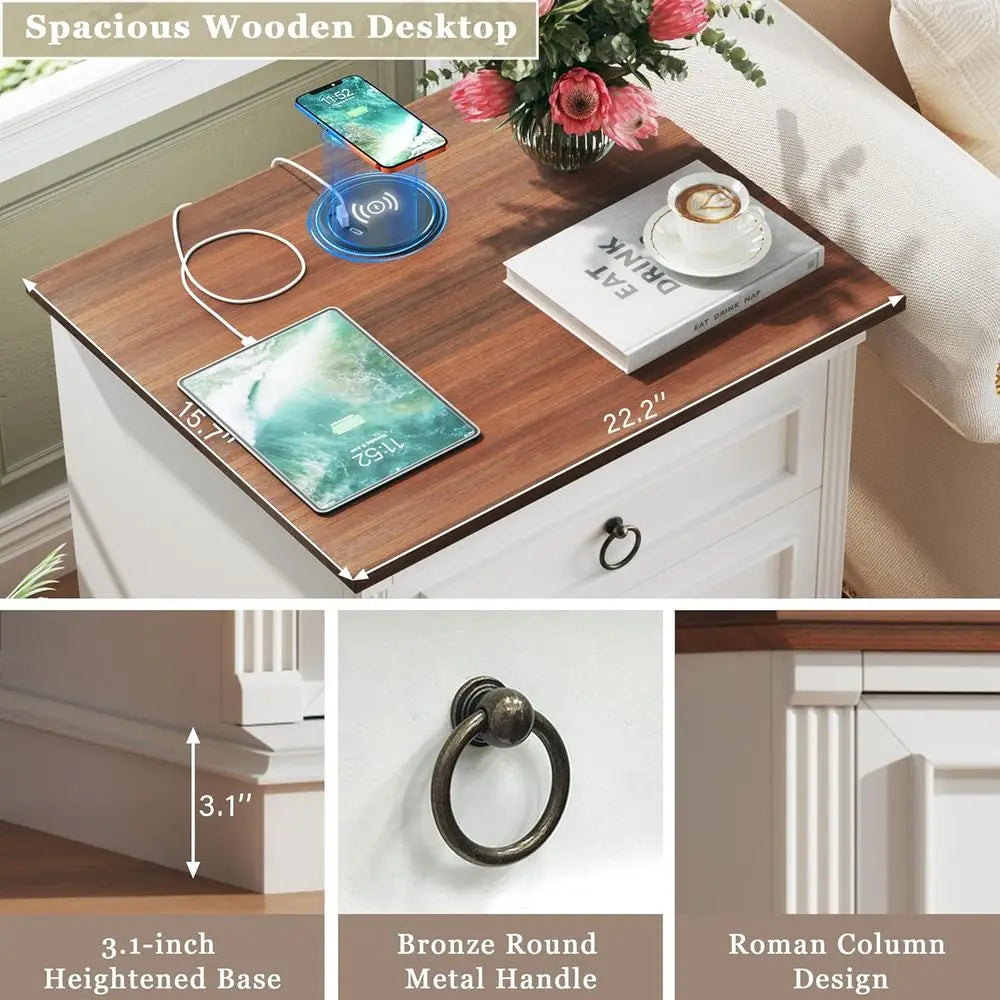 Farmhouse Nightstand Set of 2 With Wireless Charging Station