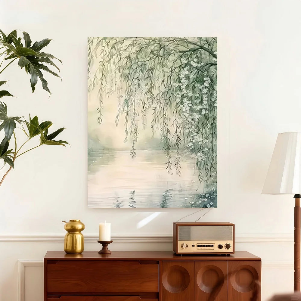 Framed Canvas Artwork Tranquil River Scene With Willows And Flowers