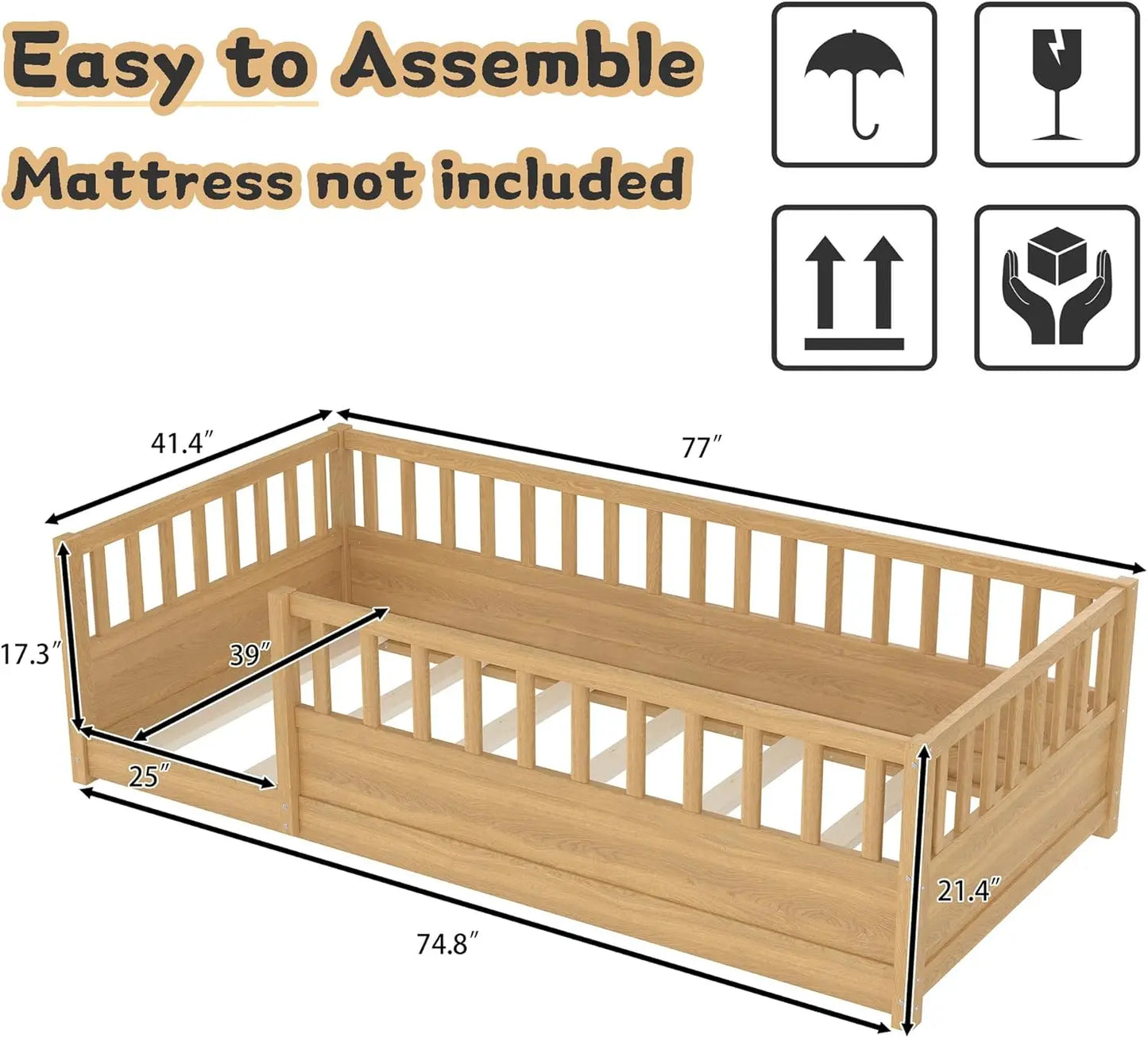 Solid Wood Montessori Floor Bed with High Rails for Toddlers