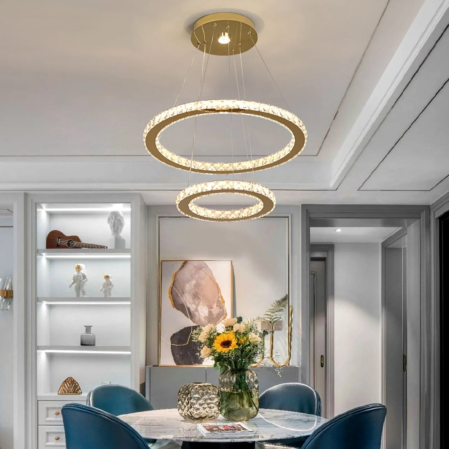 Vinilky Crystal Pendant Light Ceiling Chandelier With Remote Control